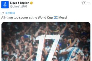 法甲官推发图祝贺：世界杯有史以来最佳射手🇦🇷梅西配图
